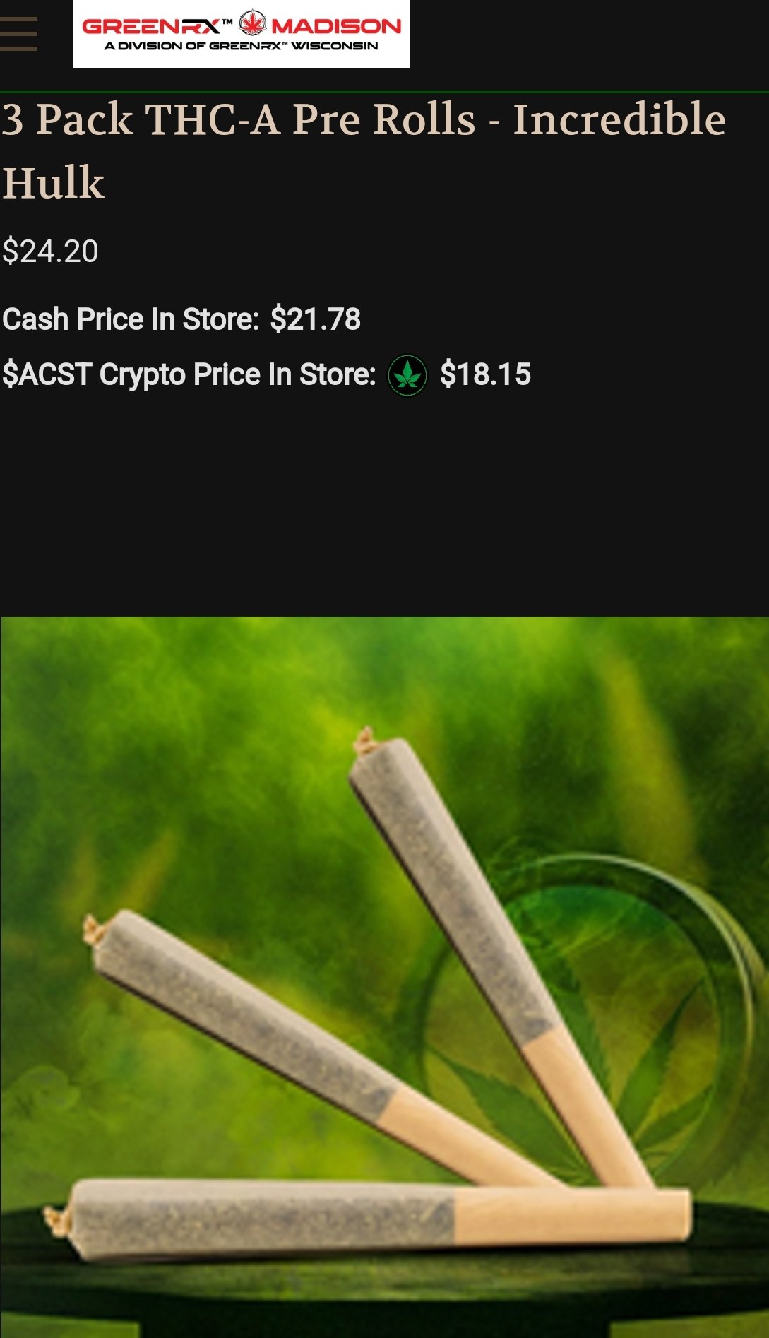 3-pack of Incredible Hulk THCA joints from GreenRX, THCA prerolls shipped statewide in Wisconsin