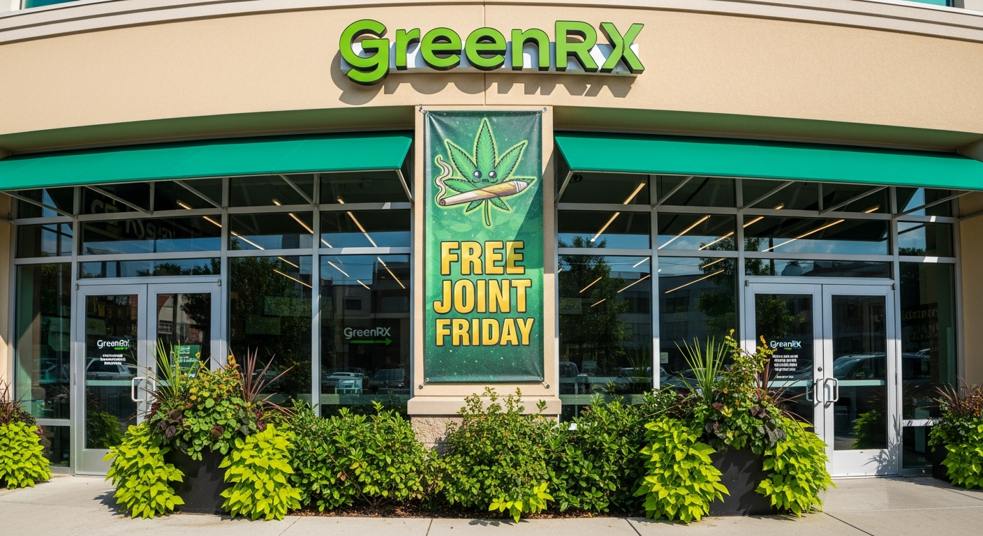GreenRX dispensary with Free Joint Friday banner