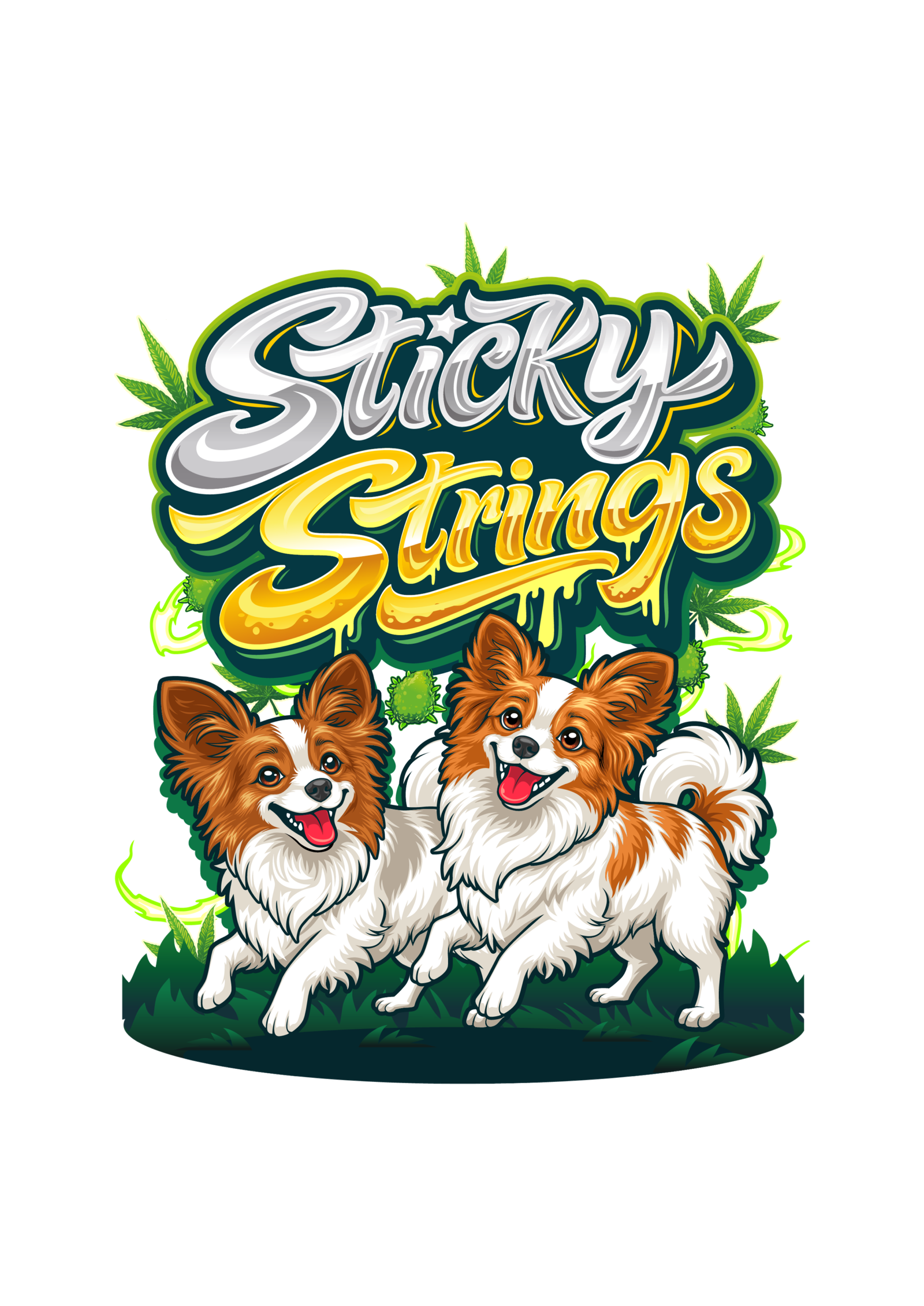 Sticky Strings cannabis art featuring happy dogs — celebrating Free Joint Friday™ THCA prerolls at GreenRX™ Madison WI