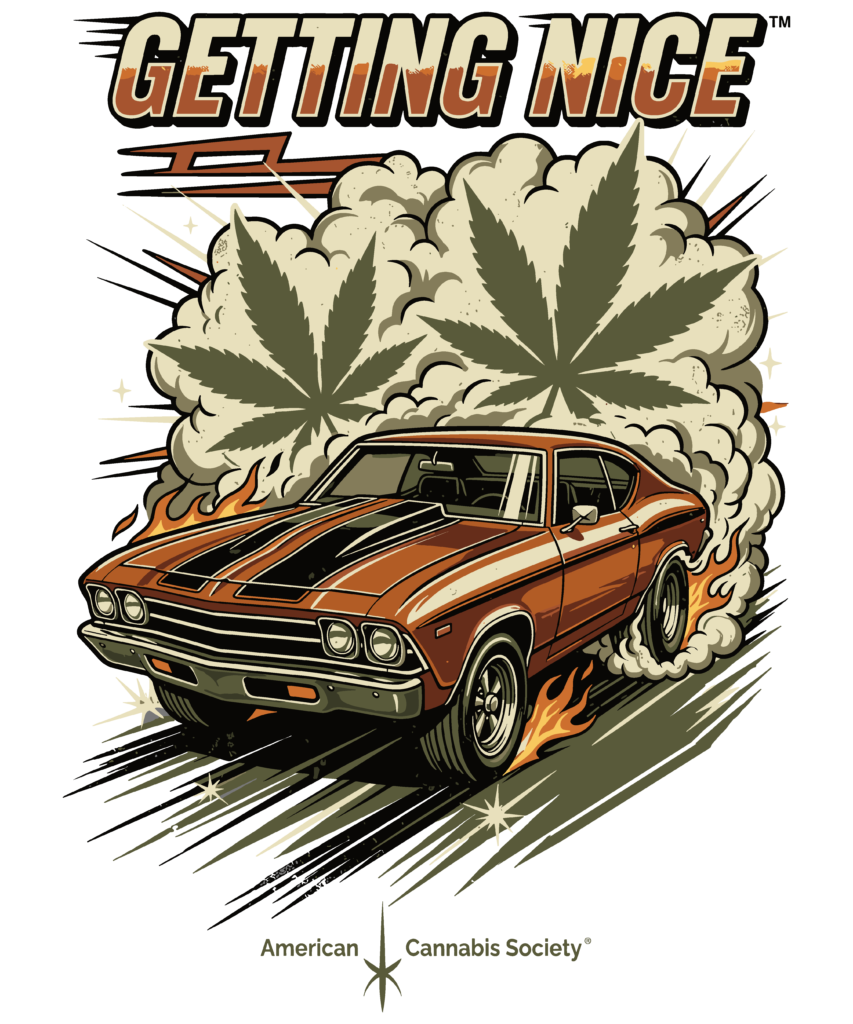 Getting Nice cannabis-themed muscle car graphic design from THCFACTOR.com apparel line