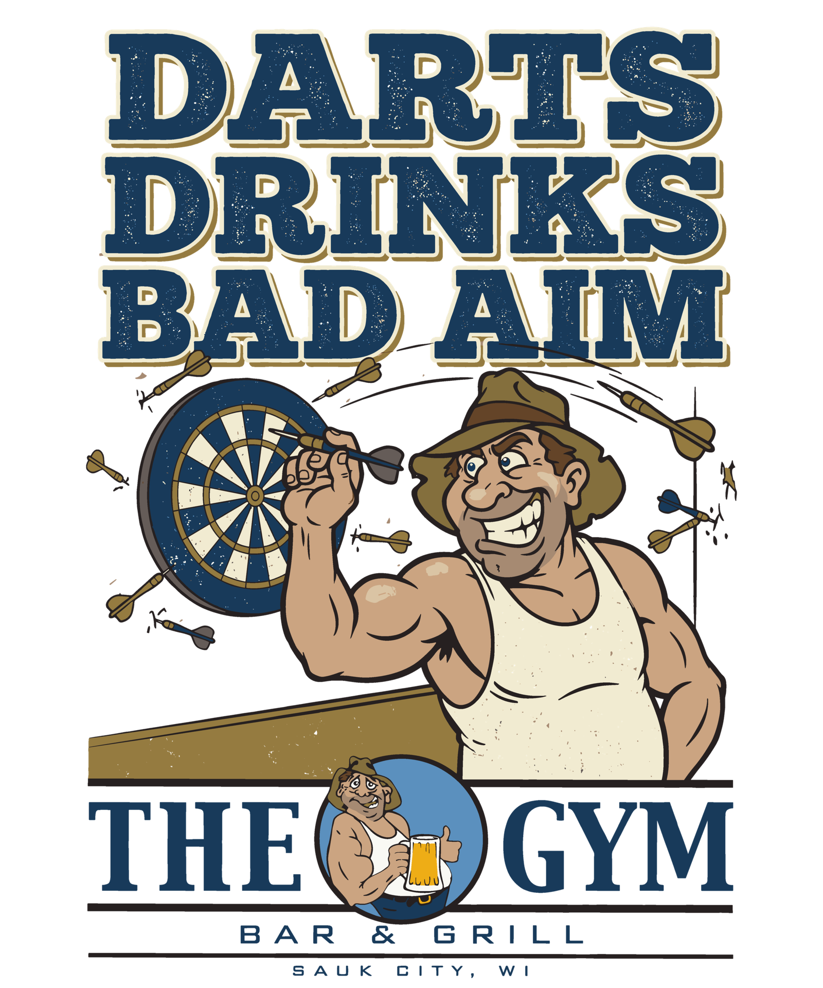 Darts, Drinks and Bad Aim art for The Gym Bar and Grill in Sauk City WI, a local partner near GreenRX THCA joints in Wisconsin