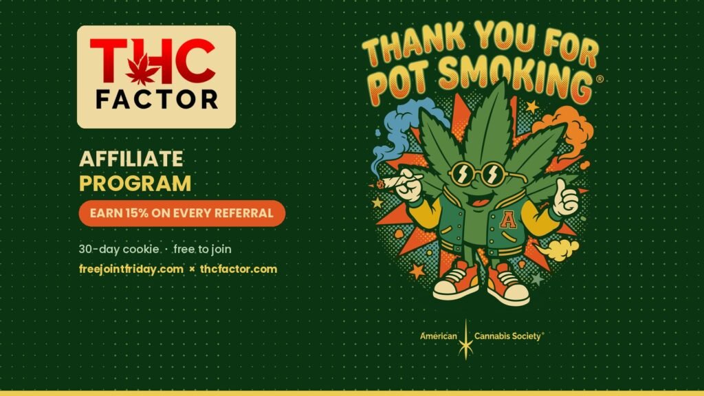 Free Joint Friday™ x THCFACTOR™ partnership card for the 15% cannabis affiliate program