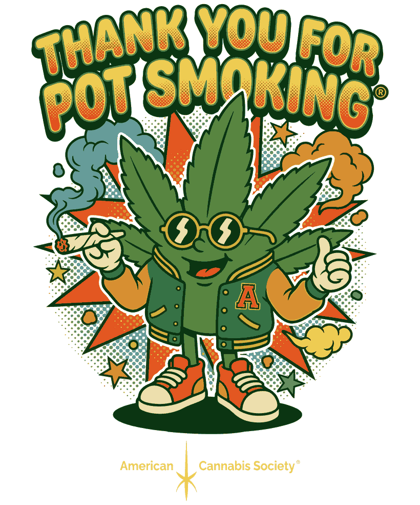 Thank You For Pot Smoking® varsity leaf artwork sold through the THCFACTOR™ cannabis affiliate program