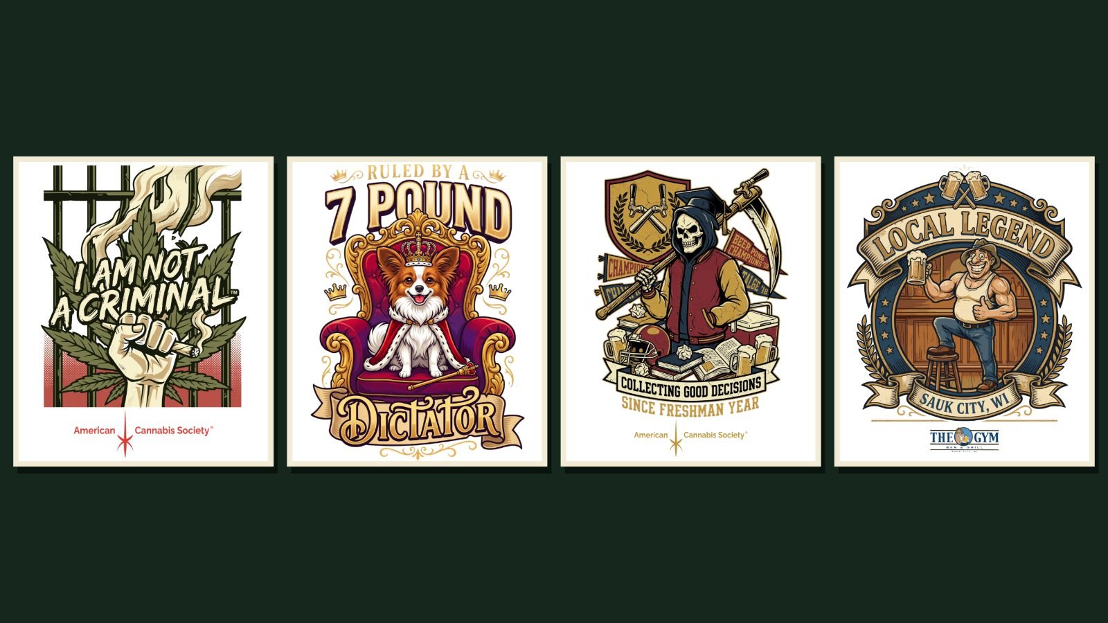 Four graphic designs promoted through the THCFACTOR™ affiliate program in 2026, including I Am Not A Criminal™ and Collecting Good Decisions